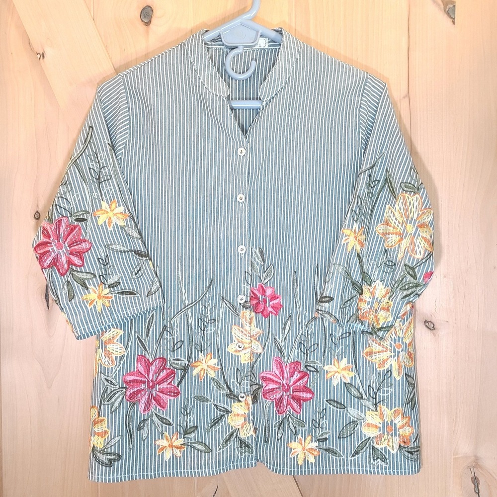 MIG Womens Floral Embroidered Stripe Blouse Mandarin Collar Boho Cottagecore